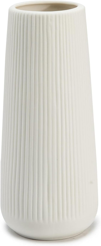 Ceramic Vase for Flower, Matte Black Ribbed Ceramic Vase for Home Decor, Nordic Minimalist Vase for Pampas Grass, Flowers Vases for Kitchen, Living Room, Bedroom, Office, Shelf Table (White)