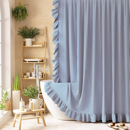 Ruffle Shower Curtain with Three-Side Ruffle, Solid White Farmhouse Curtains, Soft Flowy Layered Fabric, Elegant Spa Style, Clean Minimal Look, Water Repellent,12 Metal Hooks, 72" W x 72" L