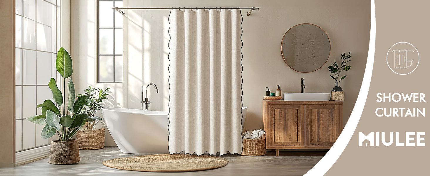 Beige Scalloped Shower Curtain Linen Textured with 12 Metal Hooks Cute Heavy Duty Washable Waterproof Neutral Thick Cloth Shower Curtains with Black Border for Bathroom Bathtub,W72*L72 Cream