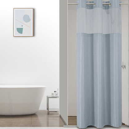 No Hook Waffle Shower Curtain with Snap in Fabric, Waterproof Shower Curtains with See Through Top Window, Hotel Luxury Heavy Duty Bathroom Curtain and Liner Set, 72'' x 75'', Black