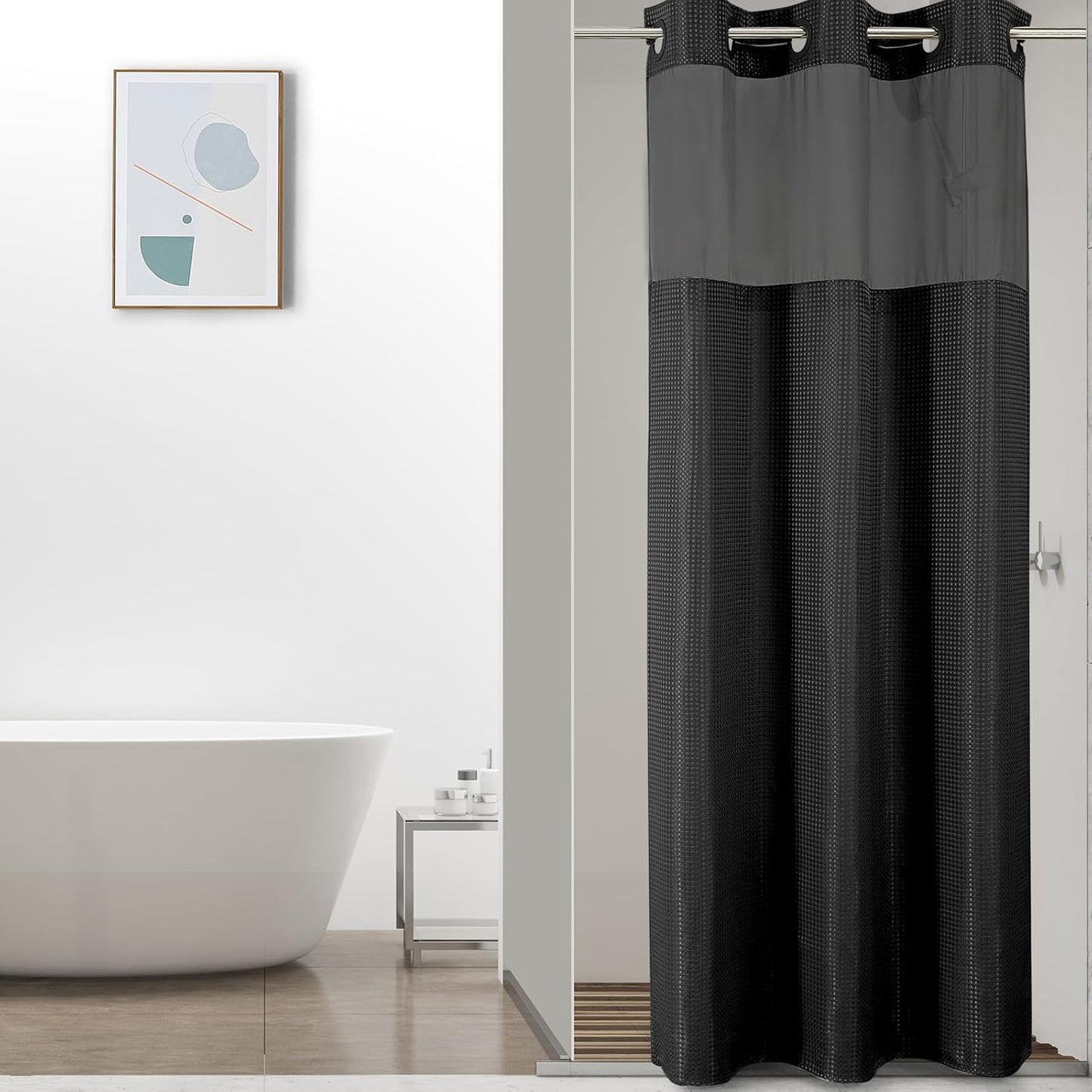 No Hook Waffle Shower Curtain with Snap in Fabric, Waterproof Shower Curtains with See Through Top Window, Hotel Luxury Heavy Duty Bathroom Curtain and Liner Set, 72'' x 75'', Black