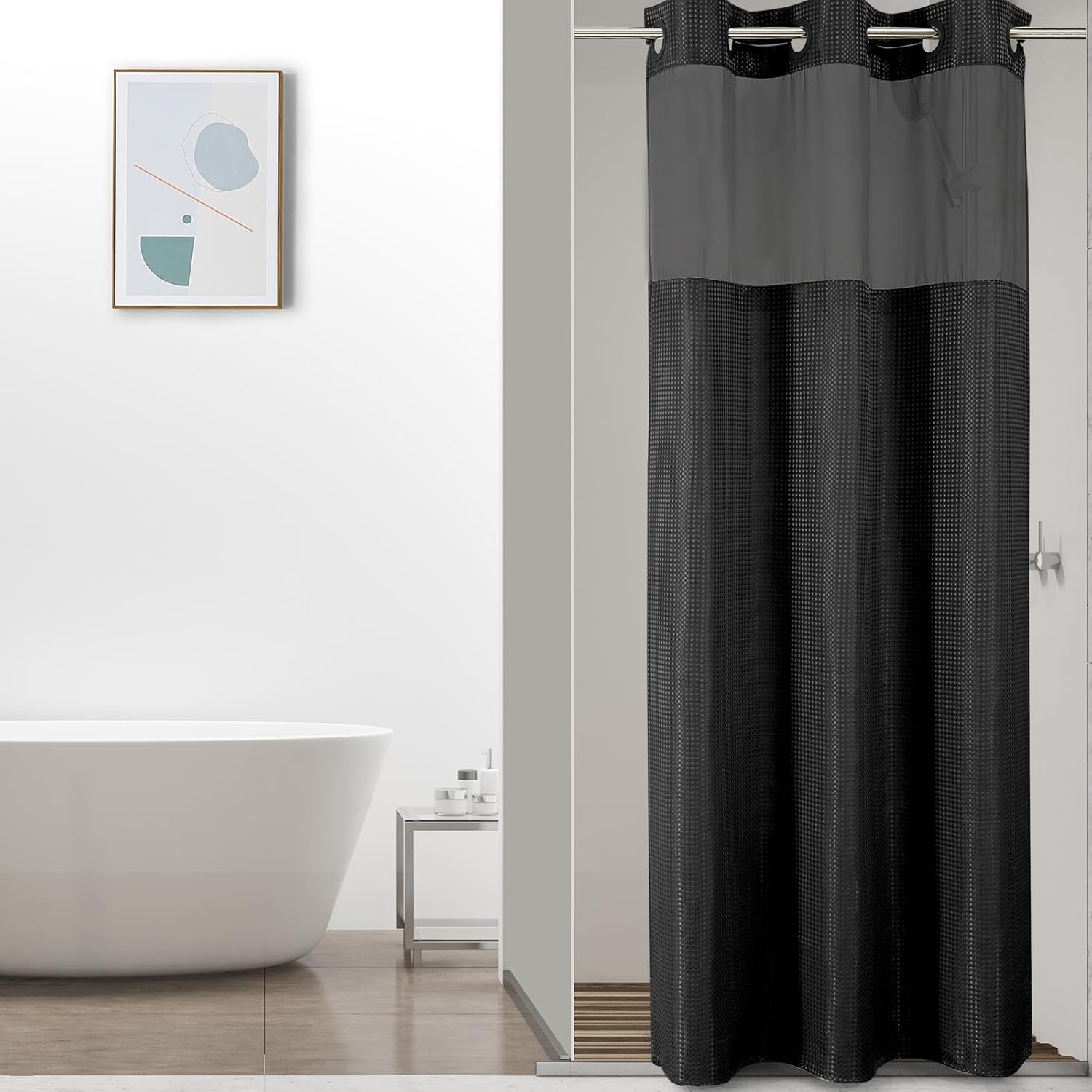 No Hook Waffle Shower Curtain with Snap in Fabric, Waterproof Shower Curtains with See Through Top Window, Hotel Luxury Heavy Duty Bathroom Curtain and Liner Set, 72'' x 75'', Black