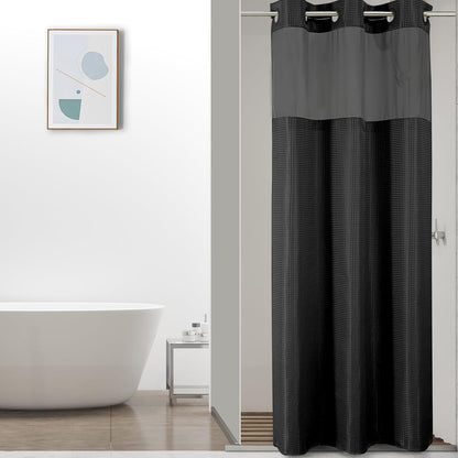 No Hook Waffle Shower Curtain with Snap in Fabric, Waterproof Shower Curtains with See Through Top Window, Hotel Luxury Heavy Duty Bathroom Curtain and Liner Set, 72'' x 75'', Black