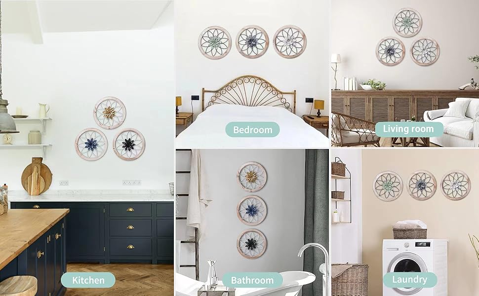 Paquesta 3 Piece Round Farmhouse Wall Decor with 6 Piece Interchangeable Flowers 12'' Medallion Wood & Metal Rustic Wall Art for Living Room Bedroom Kitchen Bathroom Dining Room Home Decorations
