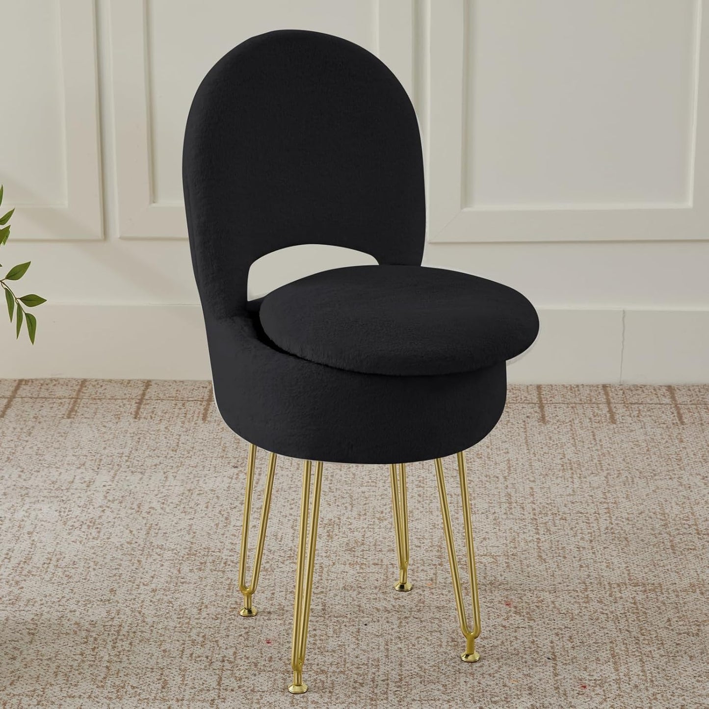 Vanity Chair with Storage and Folding Back, Faux Fur Square Storage Chair, Vanity Stool Chair with 4 Metal Legs for Bedroom, Living Room and Makeup Stations, 13.4"x 15"x 30", White