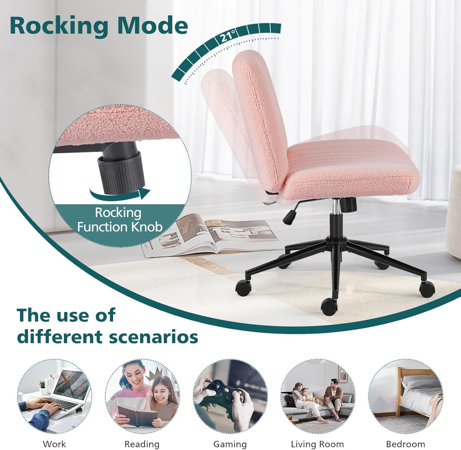 Criss Cross Chair with Wheels Wide Cross Legged Office Desk Vanity Chair Comfy Fabric Armless Adjustable Swivel for Home Computer Task Teddy Pink