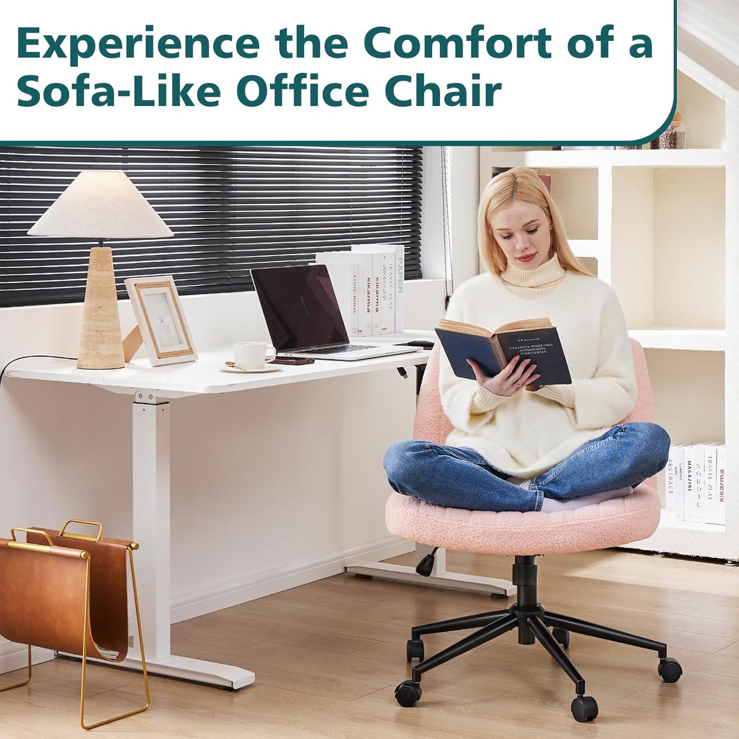 Criss Cross Chair with Wheels Wide Cross Legged Office Desk Vanity Chair Comfy Fabric Armless Adjustable Swivel for Home Computer Task Teddy Pink