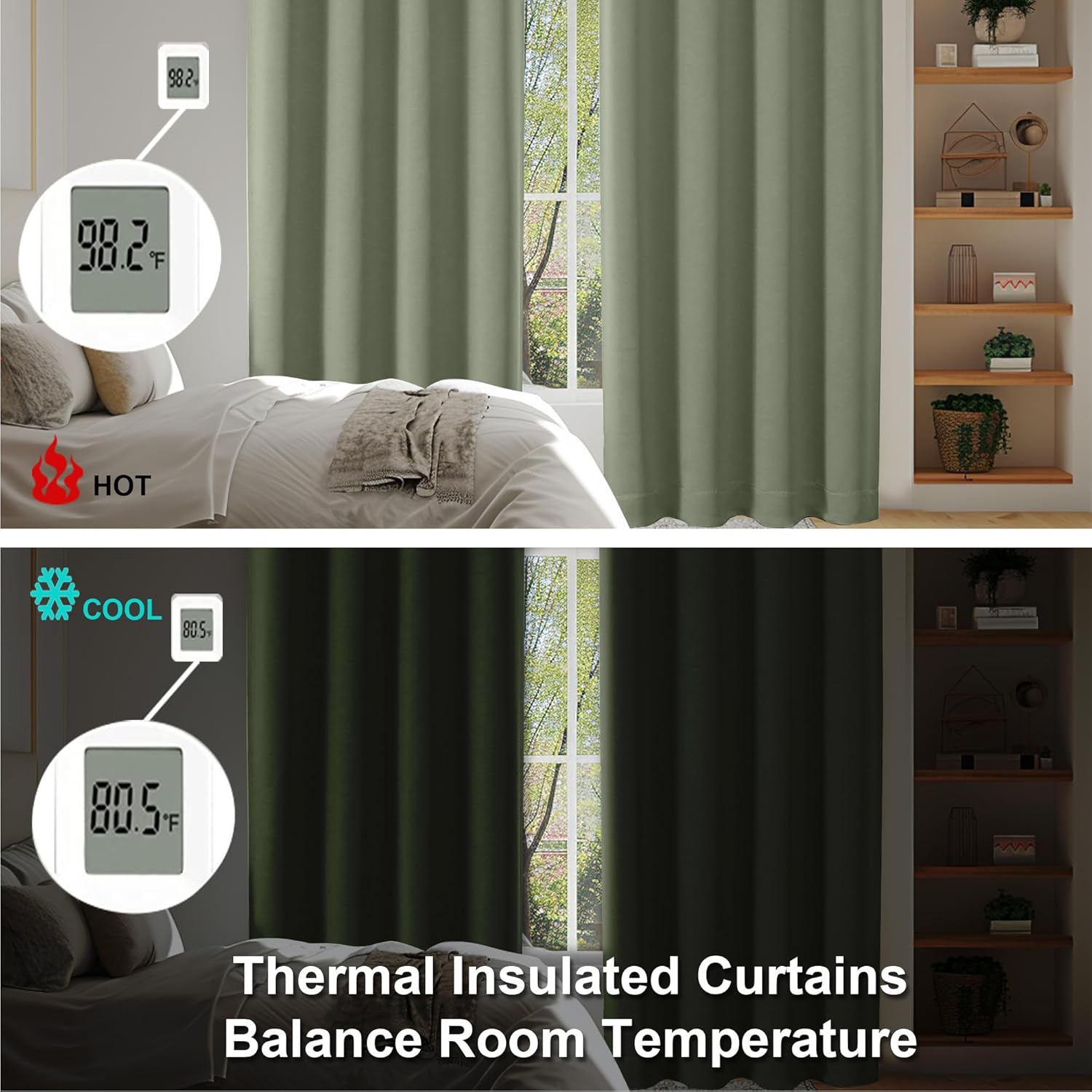 Sage Green Bedroom Blackout Curtains, 63inch (approx. 160.2cm) pieces set, solid insulated energy-saving rod pocket blackout curtains, width 40 x length 63inch (approx. 101.6cm), gray-green