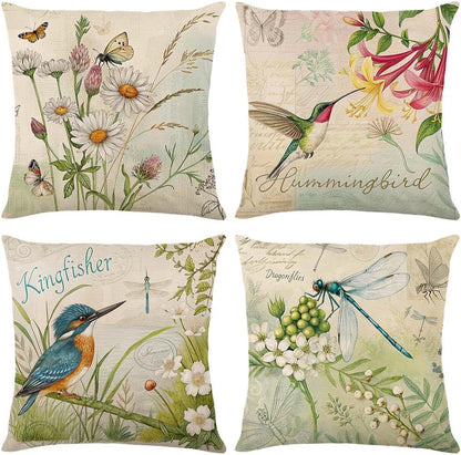 wyooxoo Throw Pillow Covers 18x18 Set of 4 Decorative Spring Pillow Covers Linen Flower Butterfly Farmhouse Pillowcases for Sofa Couch Living Room Outdoor
