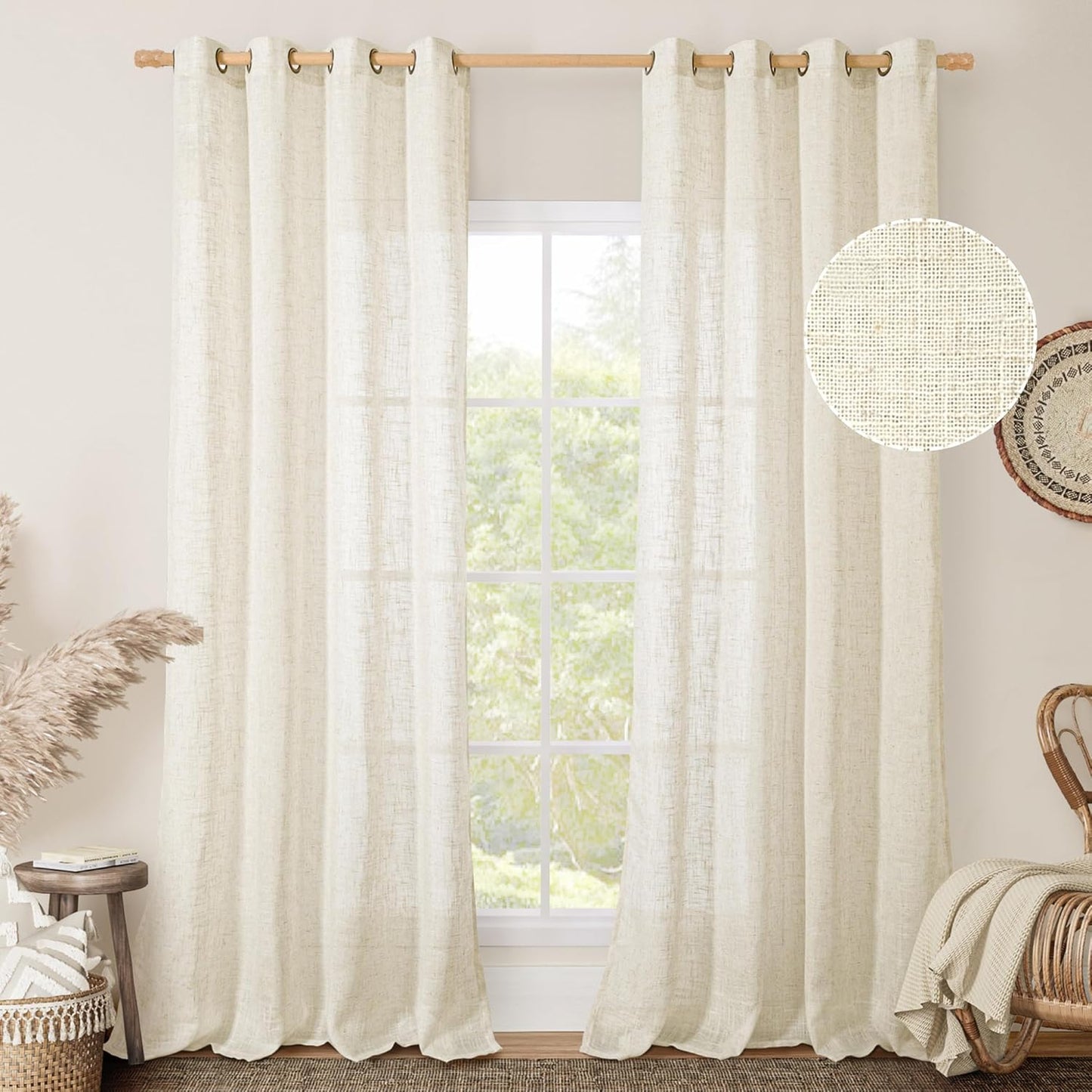 Natural Ivory Linen Semi Sheer Curtains 84 inch Length, Cream Light Filtering Soft Thick Neutral Living Room Drapes with Bronze Grommet for Bedroom/Farmhouse, 2 Panels, 52 x 84 Inch