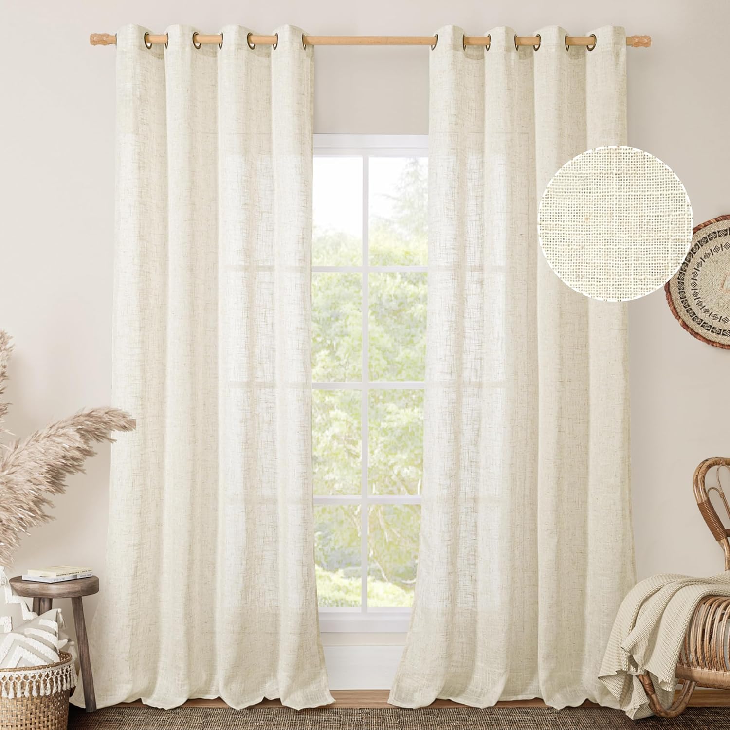 Natural Ivory Linen Semi Sheer Curtains 84 inch Length, Cream Light Filtering Soft Thick Neutral Living Room Drapes with Bronze Grommet for Bedroom/Farmhouse, 2 Panels, 52 x 84 Inch