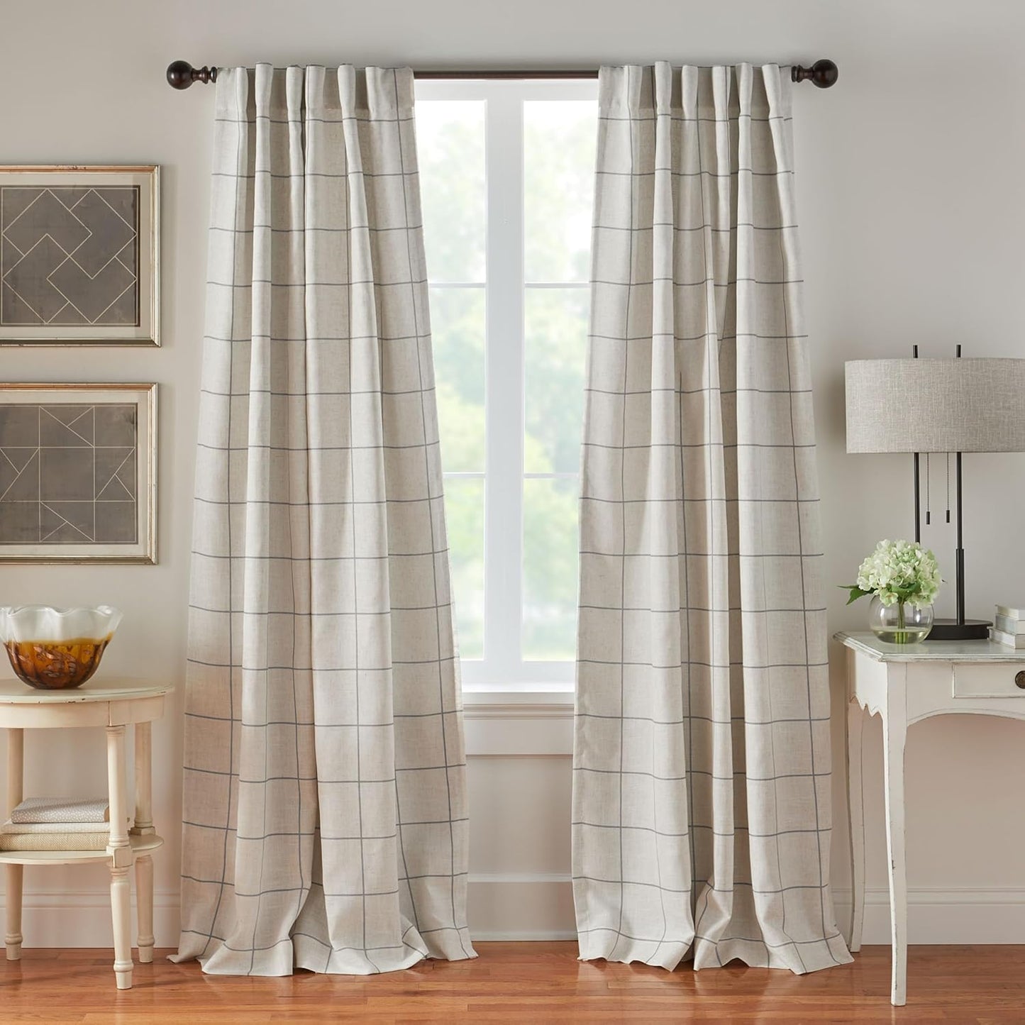 Fashions Brighton Windowpane Plaid Blackout Window Curtain, Living Room and Bedroom Drape with Rod Pocket Tabs, 52" x 84", Linen, 1 Panel