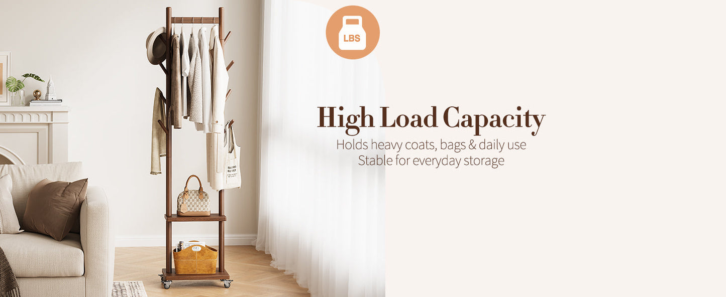 Solid Wood Coat Rack Freestanding - Rolling Clothes Rack with 8 Hooks & Shelves, Small Clothing Rack with Wheels, Heavy Duty Clothing Racks for Hanging Clothes, Portable Hall Tree for Entryway