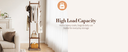 Solid Wood Coat Rack Freestanding - Rolling Clothes Rack with 8 Hooks & Shelves, Small Clothing Rack with Wheels, Heavy Duty Clothing Racks for Hanging Clothes, Portable Hall Tree for Entryway