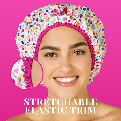 Reusable Bath & Shower Cap Lined, Oversized Waterproof Shower Caps Large Designed for all Hair Lengths with PEVA Lining & Elastic Band Stretch Hem Hair Hat - Fashionista Deco Dots