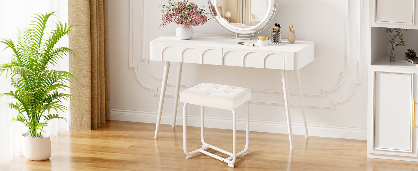 White Vanity Chair, Leather Vanity Stool, Small Stool Chair for Vanity, Square Ottoman Foot Stool, Makeup Vanity Chairs with Thick Padded Seat for Bathroom, Bedroom, Entryway, KFD01W