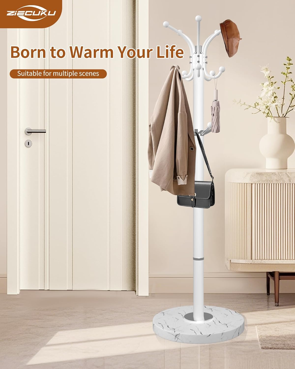 Metal Coat Rack with Natural Marble Base,360°Rotary Coat Rack Stand with 14 Hooks,Modern Freestanging Coat Racks,White Coat Jacket Hanger Clothes Tree Stand for Entryway,Corner