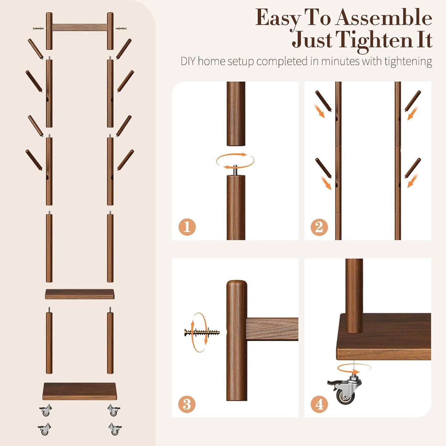 Solid Wood Coat Rack Freestanding - Rolling Clothes Rack with 8 Hooks & Shelves, Small Clothing Rack with Wheels, Heavy Duty Clothing Racks for Hanging Clothes, Portable Hall Tree for Entryway