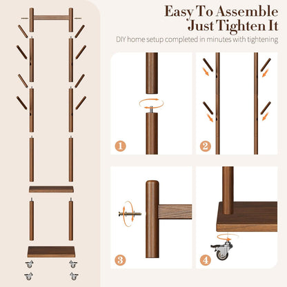 Solid Wood Coat Rack Freestanding - Rolling Clothes Rack with 8 Hooks & Shelves, Small Clothing Rack with Wheels, Heavy Duty Clothing Racks for Hanging Clothes, Portable Hall Tree for Entryway