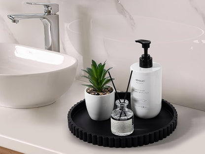 Round Bathroom Tray Silicone Kitchen Counter Decor Vanity Organizer Decorative Coffee Table Tray for Perfume, Candle, Soap Dish, 9 Inch, Black