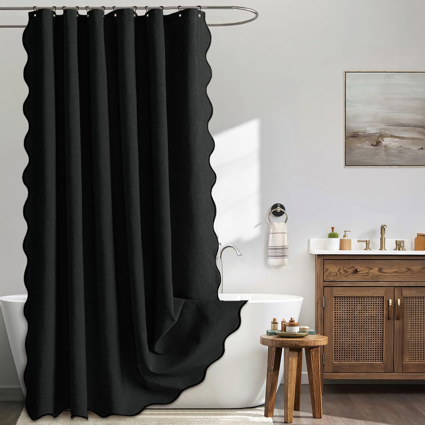 Beige Scalloped Shower Curtain Linen Textured with 12 Metal Hooks Cute Heavy Duty Washable Waterproof Neutral Thick Cloth Shower Curtains with Black Border for Bathroom Bathtub,W72*L72 Cream