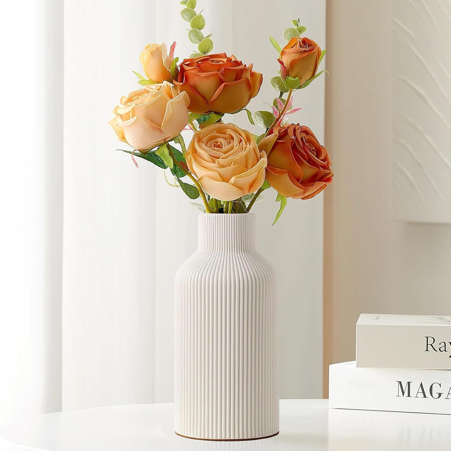 White Ceramic Flower Vase, Minimalist Decor, Modern Home Decorative Vase, Small Pampas Grass Vases For Kitchen, Bedroom, Office, Living Room, Bathroom, Shelf Centerpiece Table Decorations(8 in)
