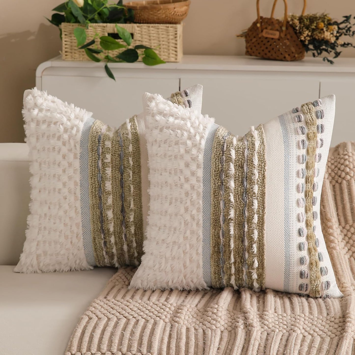 Boho Chenille Tufted Couch Throw Pillow Covers 18x18 Inch Set of 2 Farmhouse Striped Decorative Pillow Covers Accent Neutral Square Pillowcase Green Cushion Covers for Livingroom Sofa Bed