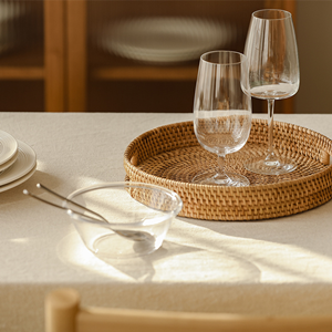 13.8 inch Round Rattan Tray, Decorative Coffee Table Tray, Ottoman Tray, Woven Serving Tray with Handles, Wicker Serving Basket, Whitewash