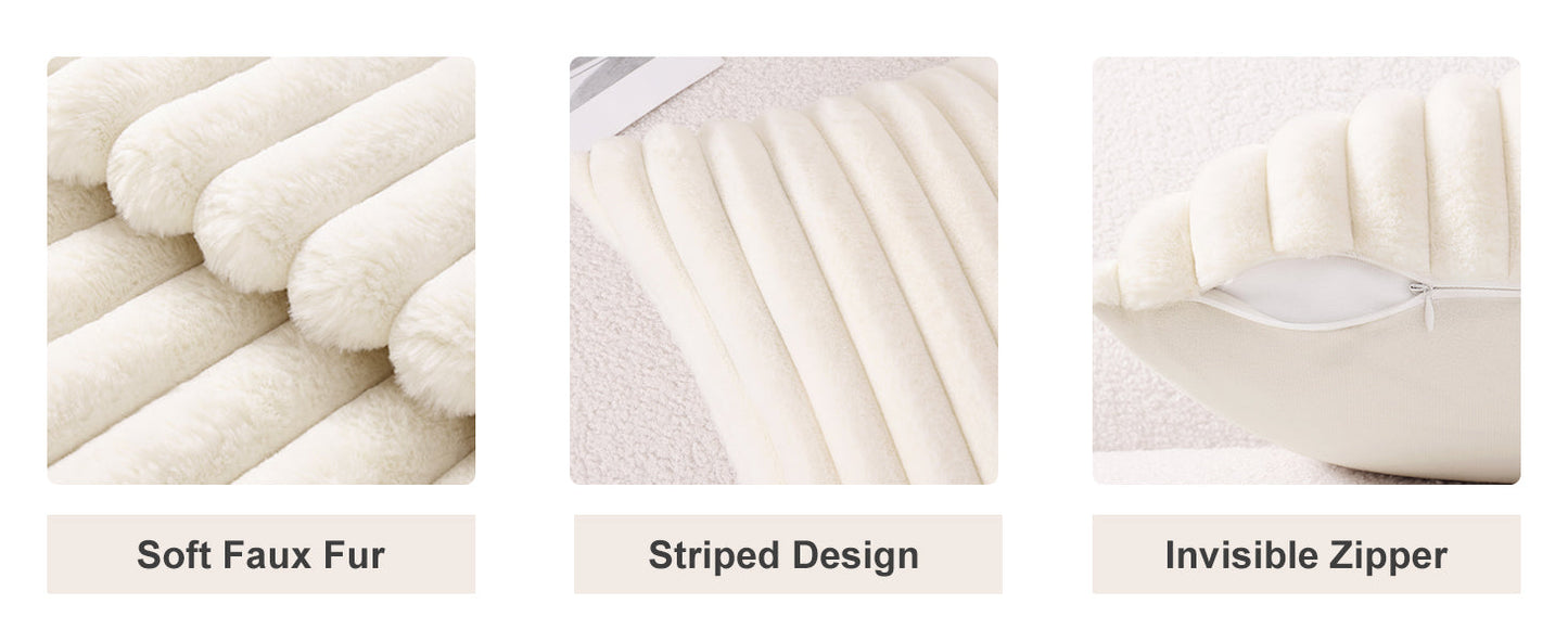 Pallene Faux Fur Plush Throw Pillow Covers 18x18 Set of 2, Luxury Soft Fluffy Striped Decorative Pillow Covers for Sofa, Couch, Living Room, Cream White