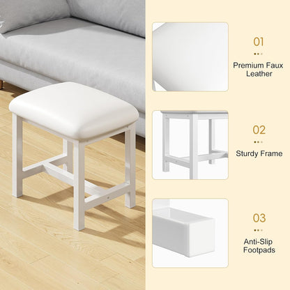 White Vanity Stool, Small Vanity Chair, Cute Makeup Bench Seat with Leather Cushioned, Desk Stools for Bedroom, Bathroom, Entryway, Living Room, Office