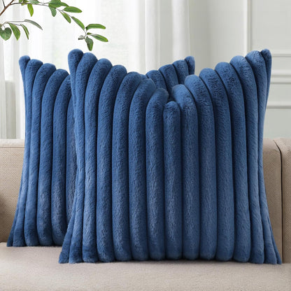 Pallene Faux Fur Plush Throw Pillow Covers 18x18 Set of 2, Luxury Soft Fluffy Striped Decorative Pillow Covers for Sofa, Couch, Living Room, Cream White