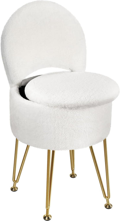 Small Vanity Stool Chair with Storage and Folding Back, 13" x 13" x 17.7" Faux Fur Soft Ottoman for Teenager, 4 Metal Legs with Anti-Slip Feet, Furry Padded Seat for Makeup, Bedroom, White