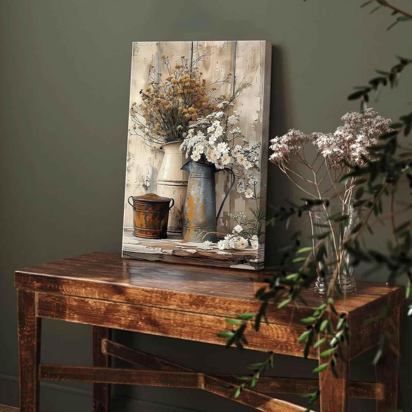Farmhouse Rustic Daisy Canvas Wall Art Vintage Country Floral Posters Print White Jasmine Flowers and Rust Color Watering Can Wall Decor Picture for Living Room Bedroom Bathroom Decoration