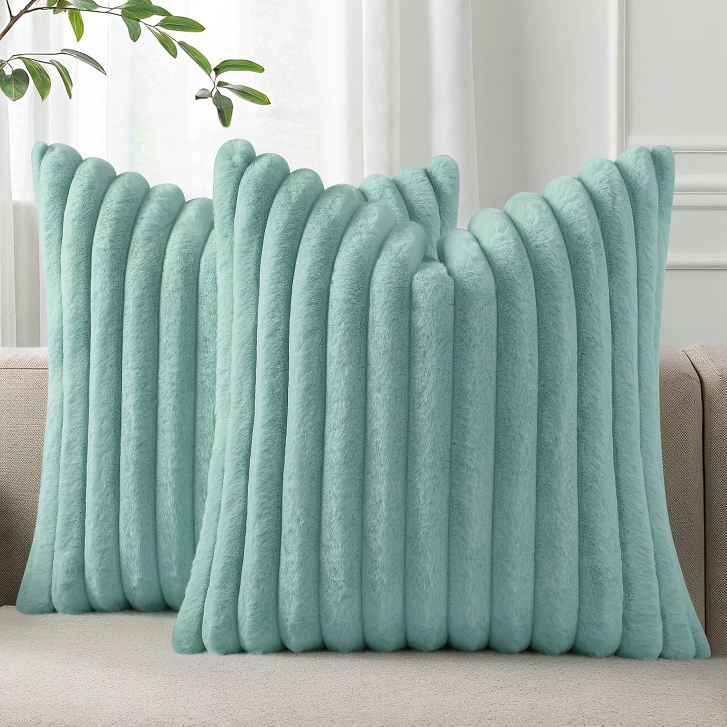 Pallene Faux Fur Plush Throw Pillow Covers 18x18 Set of 2, Luxury Soft Fluffy Striped Decorative Pillow Covers for Sofa, Couch, Living Room, Cream White