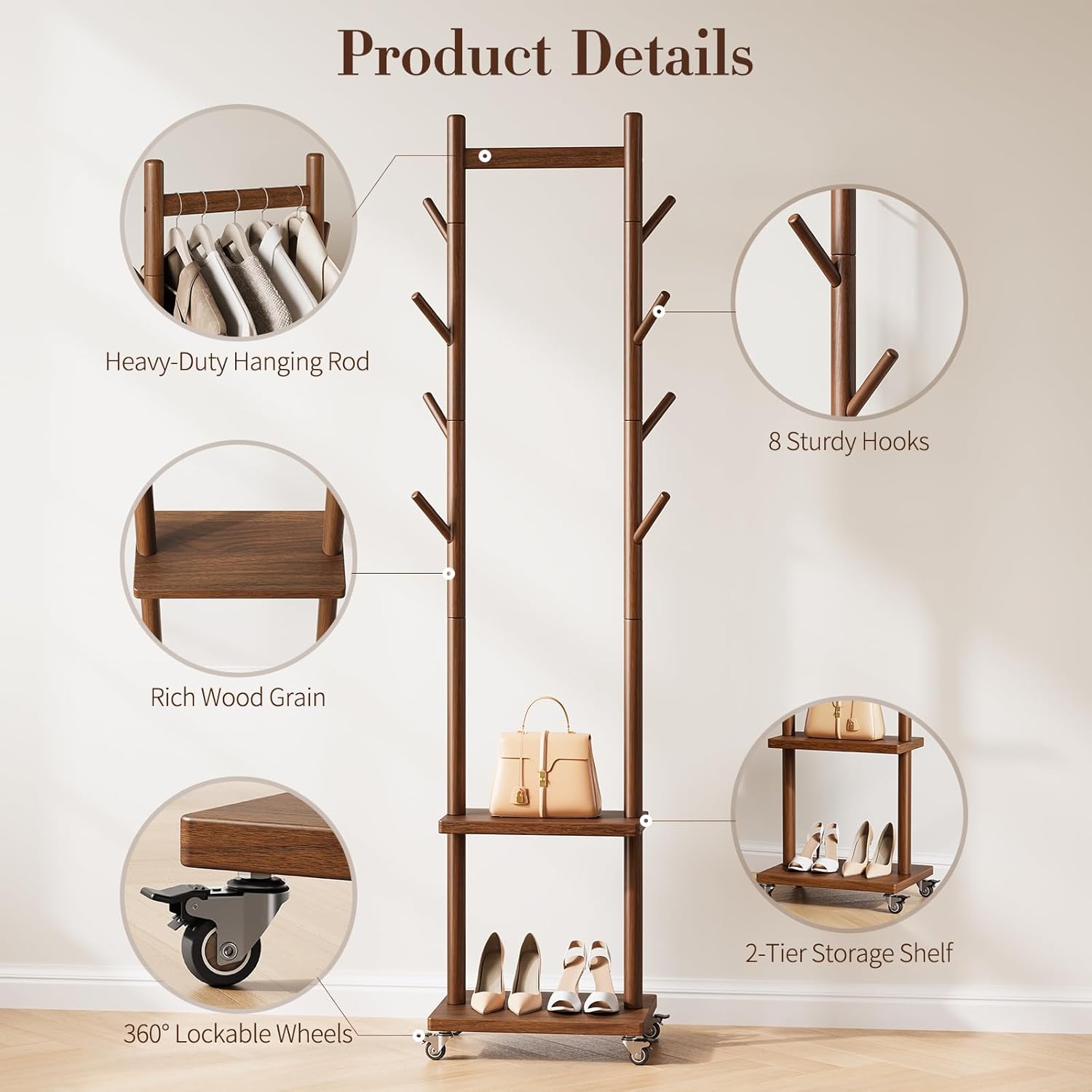 Solid Wood Coat Rack Freestanding - Rolling Clothes Rack with 8 Hooks & Shelves, Small Clothing Rack with Wheels, Heavy Duty Clothing Racks for Hanging Clothes, Portable Hall Tree for Entryway