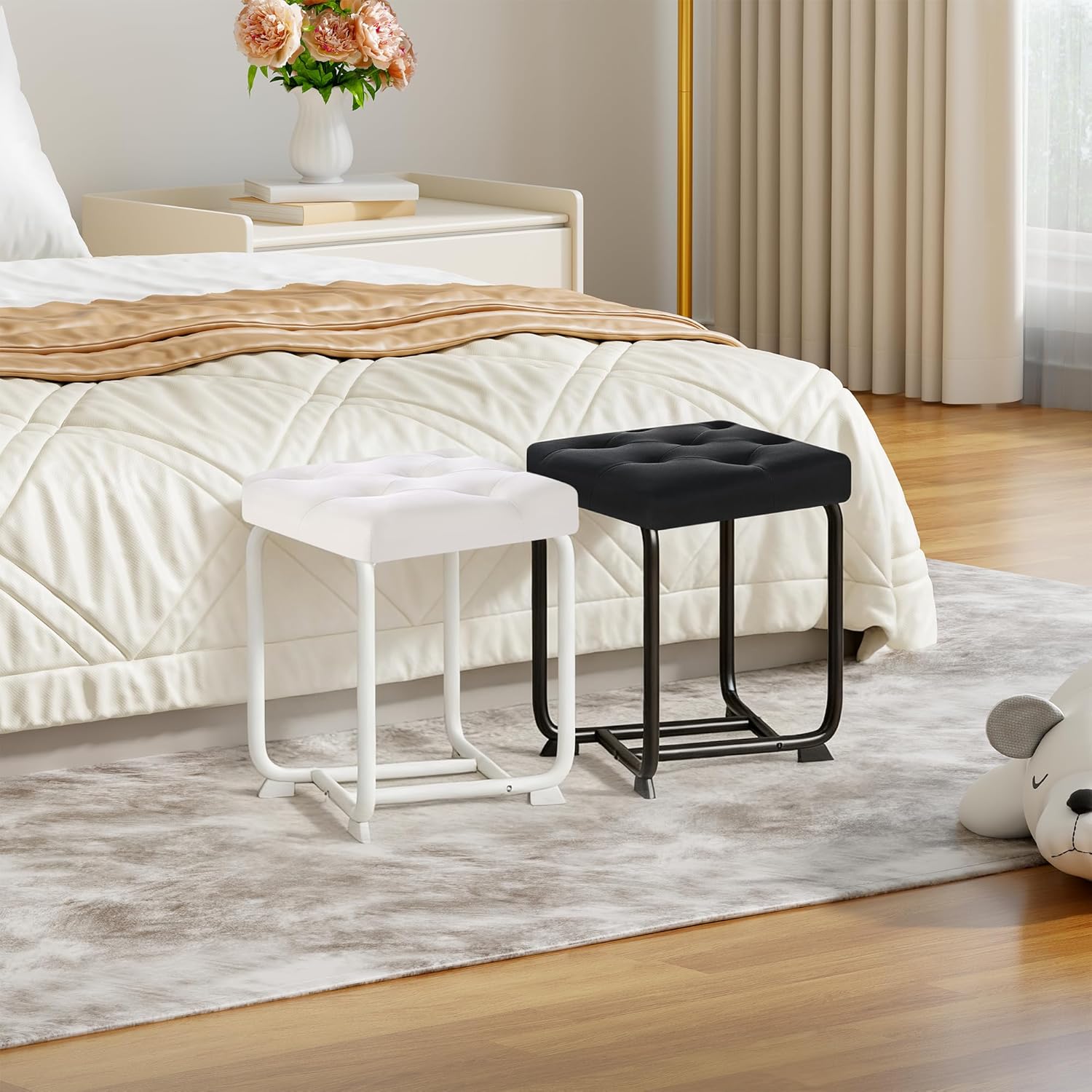 White Vanity Chair, Leather Vanity Stool, Small Stool Chair for Vanity, Square Ottoman Foot Stool, Makeup Vanity Chairs with Thick Padded Seat for Bathroom, Bedroom, Entryway, KFD01W