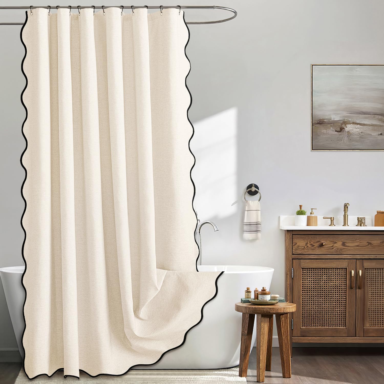 Beige Scalloped Shower Curtain Linen Textured with 12 Metal Hooks Cute Heavy Duty Washable Waterproof Neutral Thick Cloth Shower Curtains with Black Border for Bathroom Bathtub,W72*L72 Cream