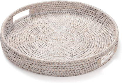 13.8 inch Round Rattan Tray, Decorative Coffee Table Tray, Ottoman Tray, Woven Serving Tray with Handles, Wicker Serving Basket, Whitewash
