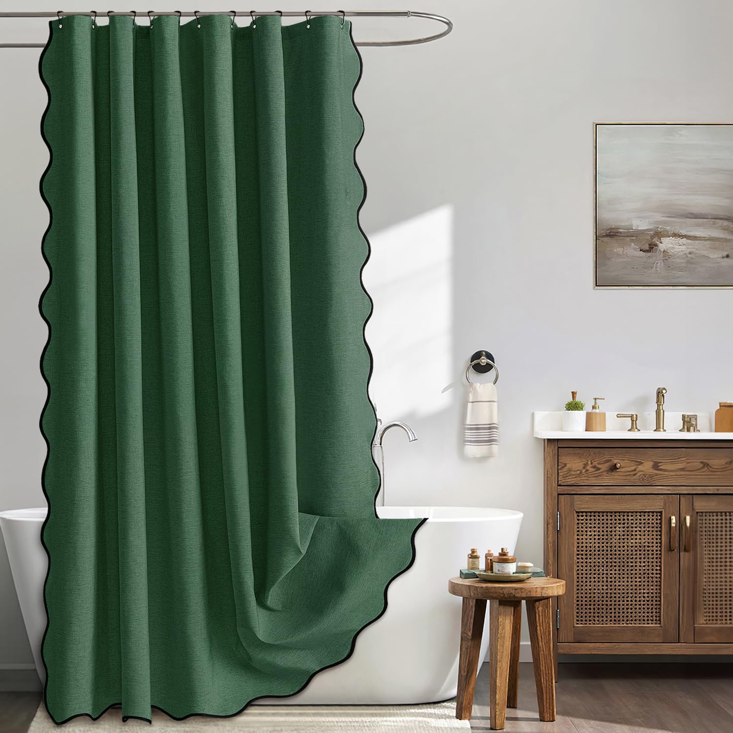 Beige Scalloped Shower Curtain Linen Textured with 12 Metal Hooks Cute Heavy Duty Washable Waterproof Neutral Thick Cloth Shower Curtains with Black Border for Bathroom Bathtub,W72*L72 Cream
