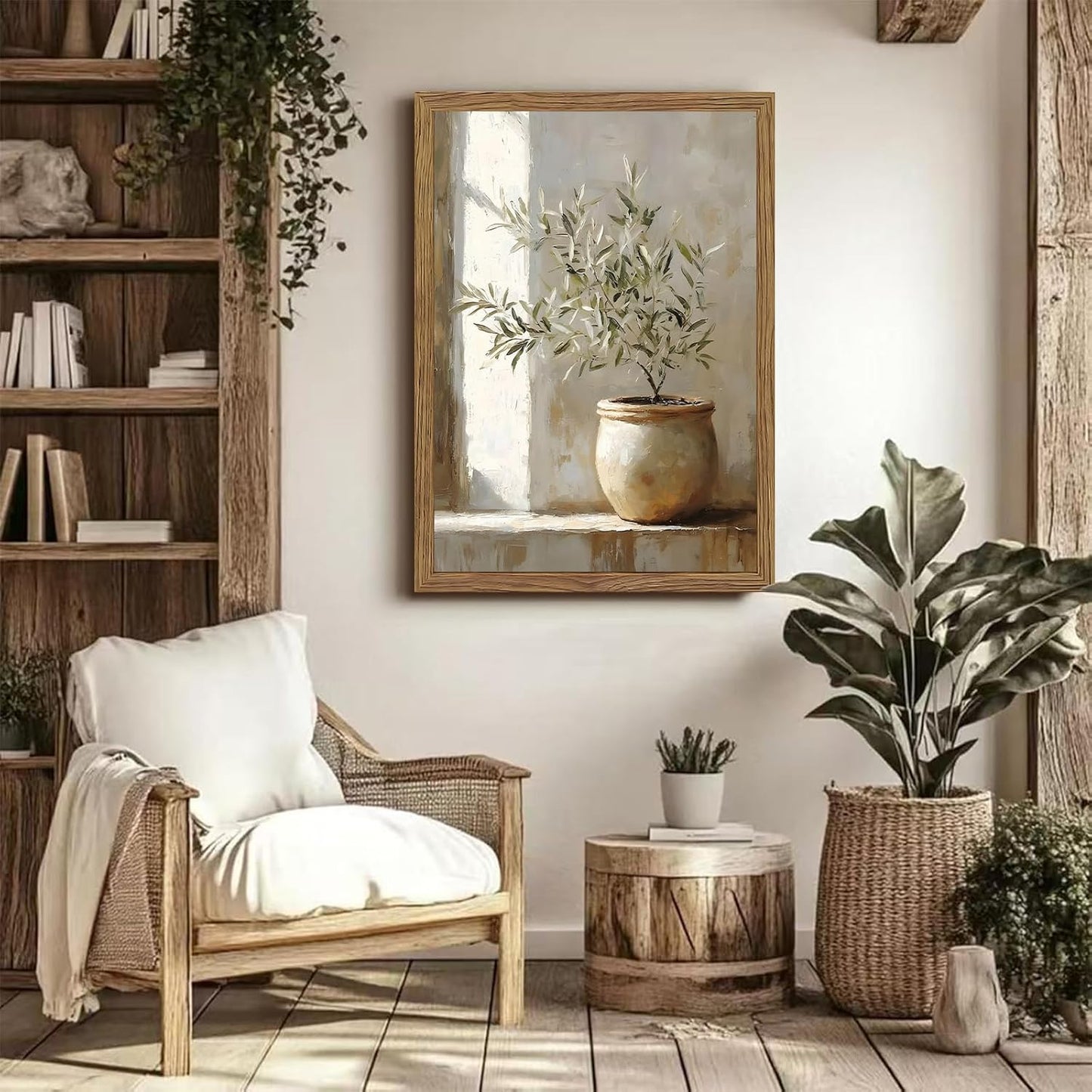 Framed Olive Tree Canvas Wall Art, Neutral Botanical Pictures Wall Decor, Rustic Potted Plant Paintings Prints, Organic Modern Farmhouse Artwork for Living Room Bedroom 8x10 Inch