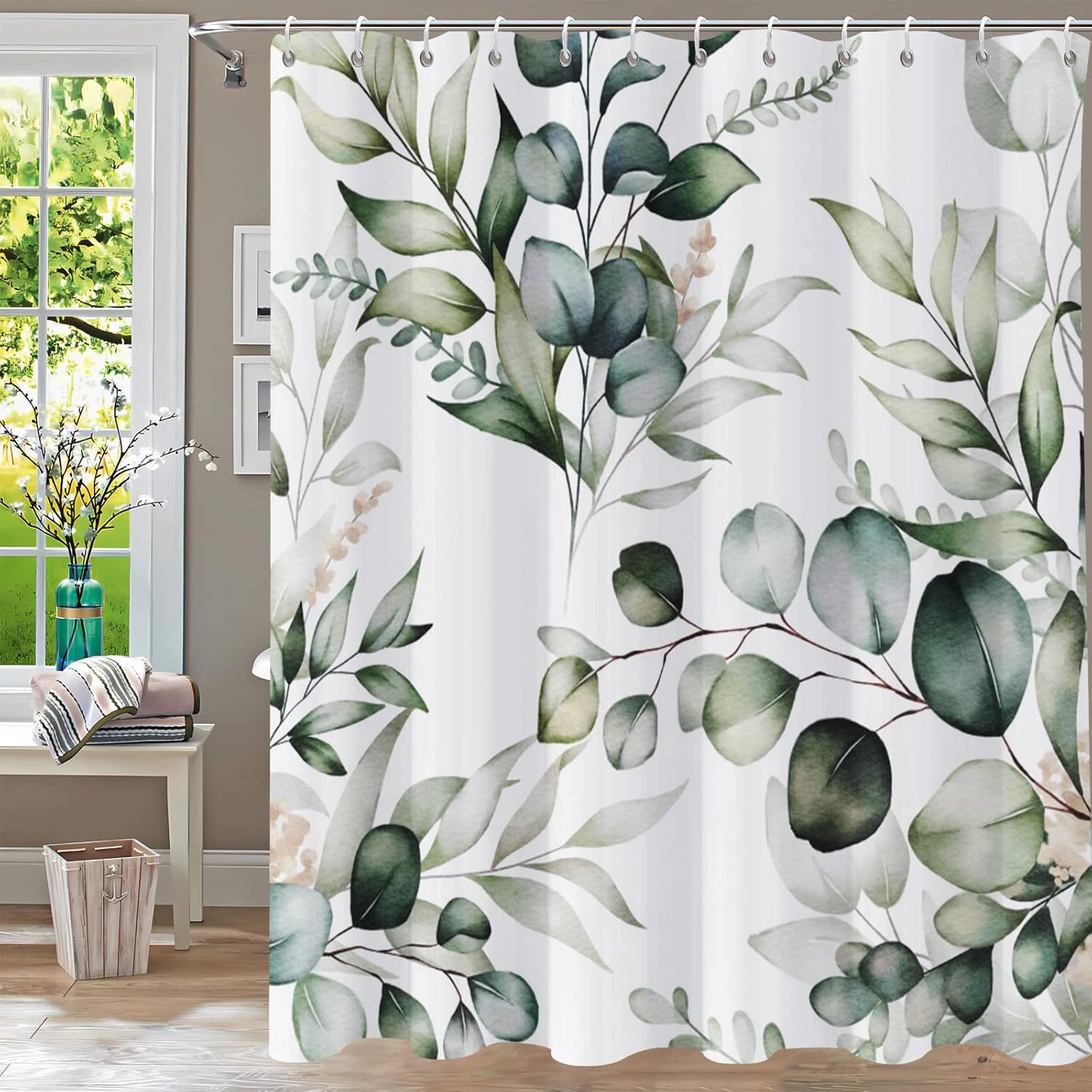 Shower Curtain Blue Eucalyptus Shower Curtains for Bathroom, Watercolor Leaf Shower Curtain Sets Waterproof Plant Shower Curtain Leaves Fabric Cloth Bathroom Curtains 72x72 inch with Hooks
