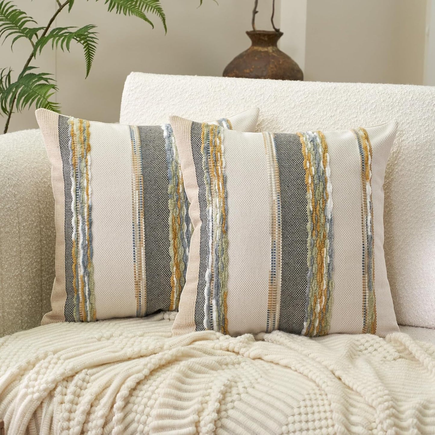 Aeckself Boho Throw Pillow Covers 18x18 Inch Set of 2, Farmhouse Decorative Striped Square Pillow Covers Chenille Tufted Pillow Cases Accent Neutral Pillowcase for Living Room Couch Bed, Orange White