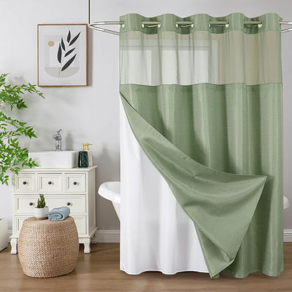 No Hook Waffle Shower Curtain with Snap in Fabric, Waterproof Shower Curtains with See Through Top Window, Hotel Luxury Heavy Duty Bathroom Curtain and Liner Set, 72'' x 75'', Black