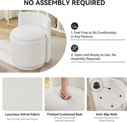 Velvet Vanity Chair with Storage, 360° Swivel Makeup Chair with Wave Back, No Assembly Small Accent Stool for Bedroom, Dressing, Living Room, White