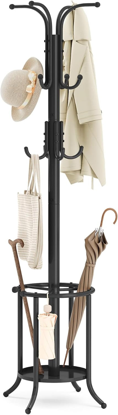 Coat Rack Freestanding with Umbrella Holder, Metal Coat Rack Stand with 12 Hooks, for Entryway, Hallway, Living Room, Bedroom, Ink Black URCR082BH02S