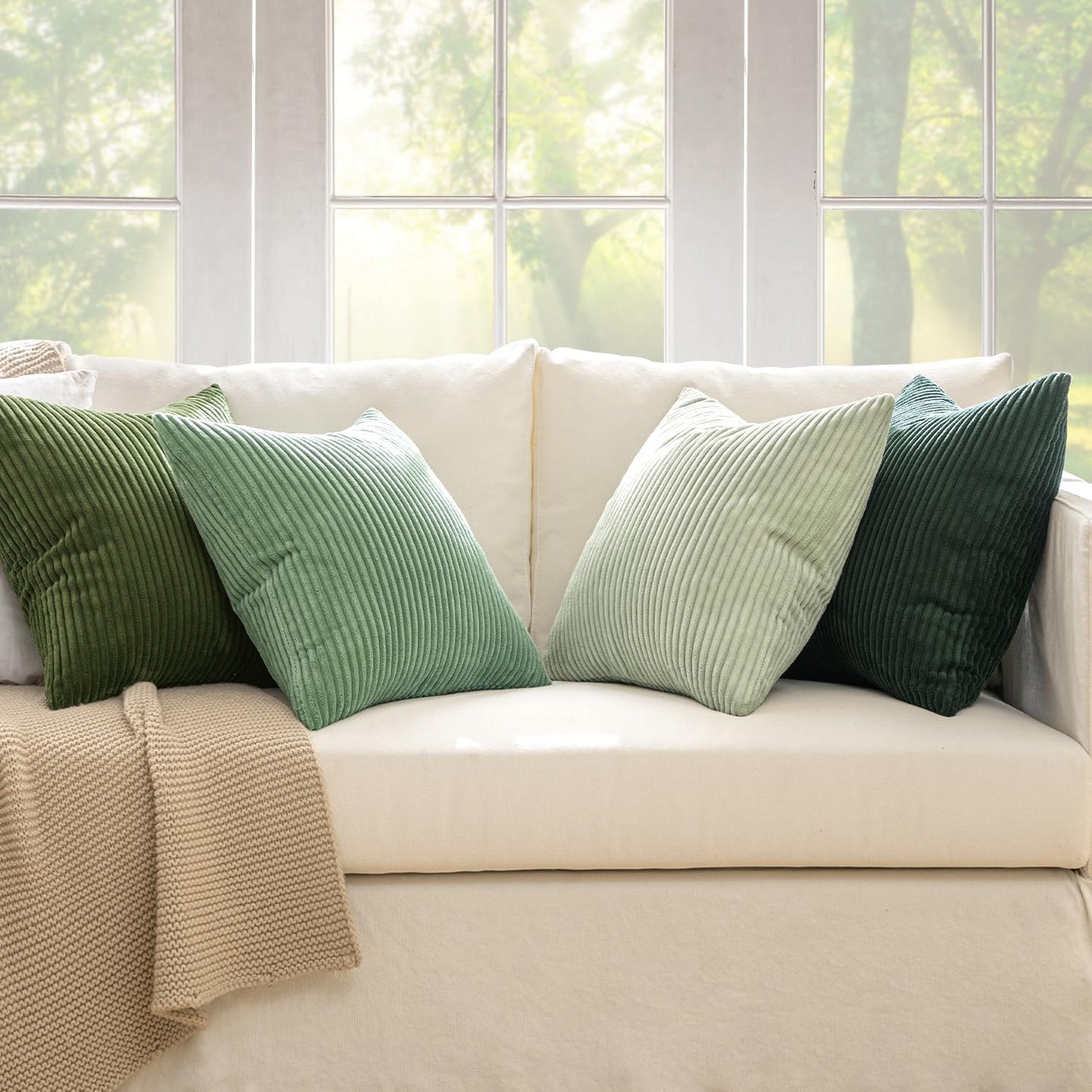 Boho Farmhouse Sage Green Throw Pillow Covers 18x18 Inch Set of 4 Mordern Nordic Cushion Covers Soft Corduroy Spring Home Decor for Couch Bed Sofa Living Room Forest Green