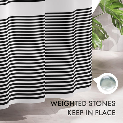 Shower Curtain, Washable Cloth Black Shower Curtain Sets with 12 Shower Curtain Hooks, Fabric Rustic Black and White Striped Curtain, Farmhouse Bathroom Curtains, 72x72 Inches