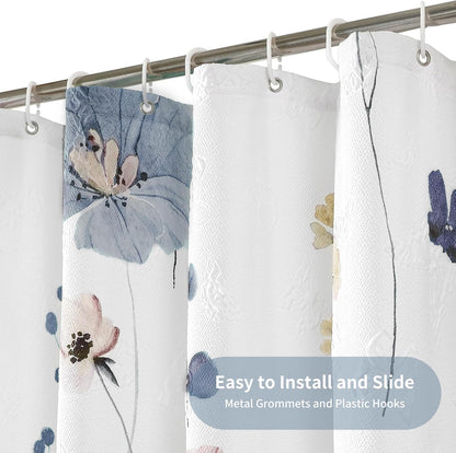 Watercolor Floral Shower Curtain, 3D Embossed Butterflies Grey Beige Flower Bathroom Curtains, Minimalist White Cloth Bath Curtain, Waterproof Fabric Textured Shower Curtain Set with Hooks, 72x72