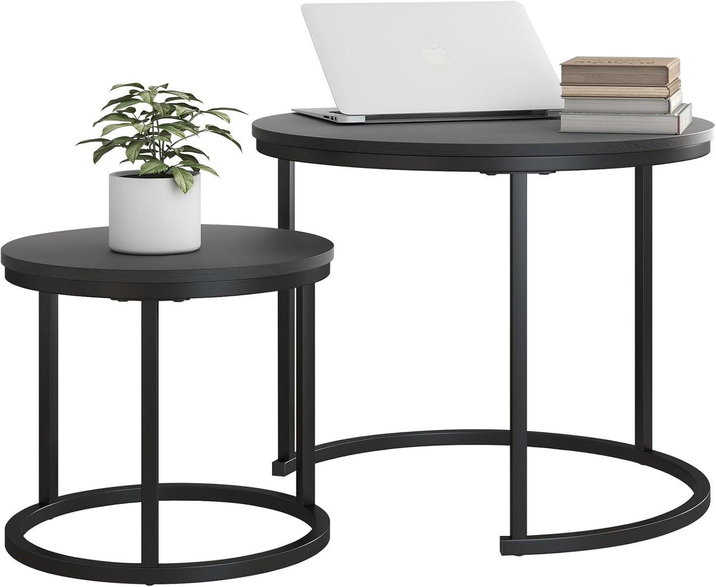 HOJINLINERO Round Coffee Table,Nesting Coffee Table Set of 2,Center Tables for Living Room,Office, Home Small Space,Stacking Side Tables,Sturdy and Easy Assembly,Wood Desktop,Brown,Large