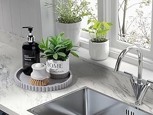 Round Bathroom Tray Silicone Kitchen Counter Decor Vanity Organizer Decorative Coffee Table Tray for Perfume, Candle, Soap Dish, 9 Inch, Black